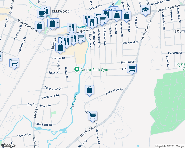 map of restaurants, bars, coffee shops, grocery stores, and more near 138 Hillcrest Avenue in West Hartford