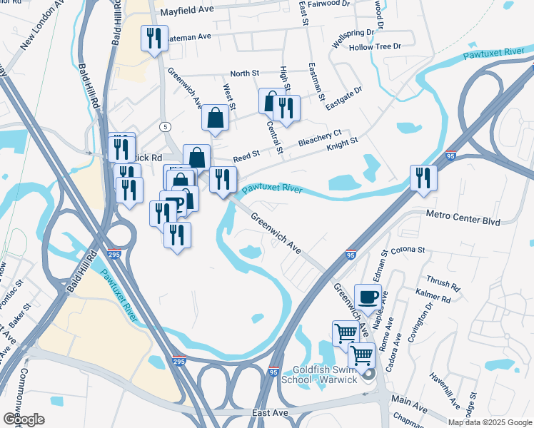 map of restaurants, bars, coffee shops, grocery stores, and more near 300 Lambert Lind Highway in Warwick