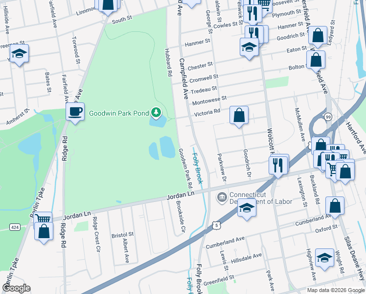 map of restaurants, bars, coffee shops, grocery stores, and more near 104 Goodwin Park Road in Wethersfield
