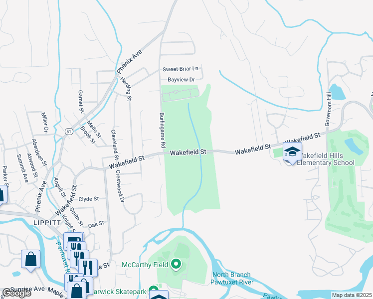 map of restaurants, bars, coffee shops, grocery stores, and more near 300 Wakefield Street in West Warwick