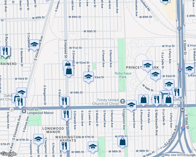 map of restaurants, bars, coffee shops, grocery stores, and more near 9301 South Wallace Street in Chicago