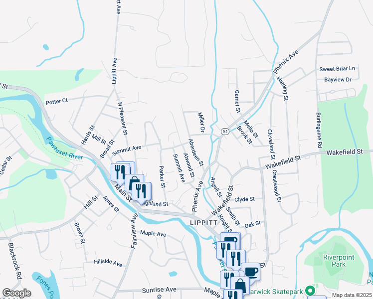 map of restaurants, bars, coffee shops, grocery stores, and more near 27 Aberdeen Street in West Warwick