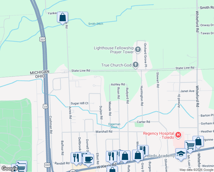 map of restaurants, bars, coffee shops, grocery stores, and more near 6070 Meade Road in Sylvania