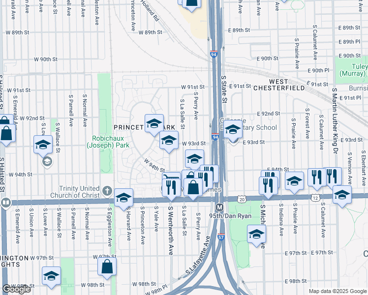 map of restaurants, bars, coffee shops, grocery stores, and more near 9259 South La Salle Street in Chicago