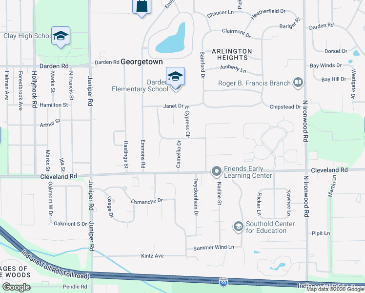 map of restaurants, bars, coffee shops, grocery stores, and more near 18552 South Cypress Circle in South Bend
