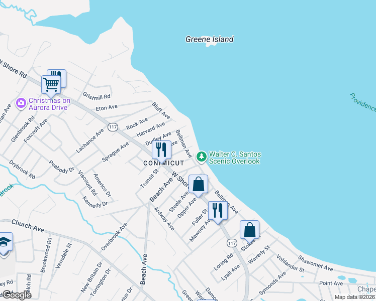 map of restaurants, bars, coffee shops, grocery stores, and more near 13 Grace Avenue in Warwick