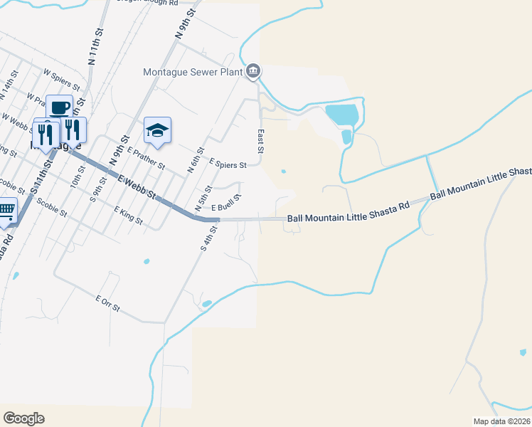 map of restaurants, bars, coffee shops, grocery stores, and more near 907 Ball Mountain Little Shasta Road in Montague