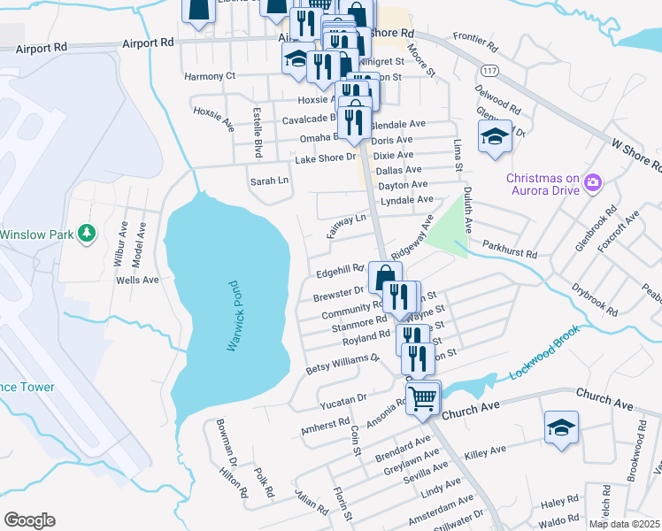 map of restaurants, bars, coffee shops, grocery stores, and more near 88 Fairway Lane in Warwick