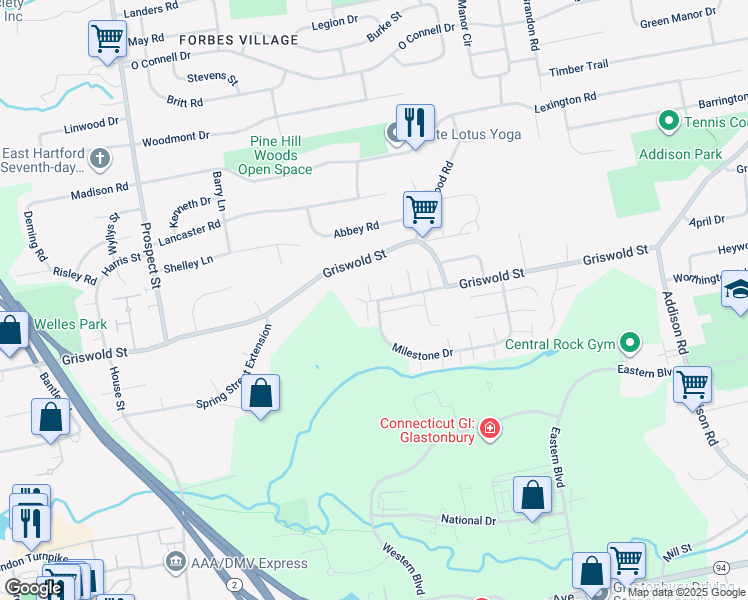 map of restaurants, bars, coffee shops, grocery stores, and more near 2 Boxwood Lane in Glastonbury
