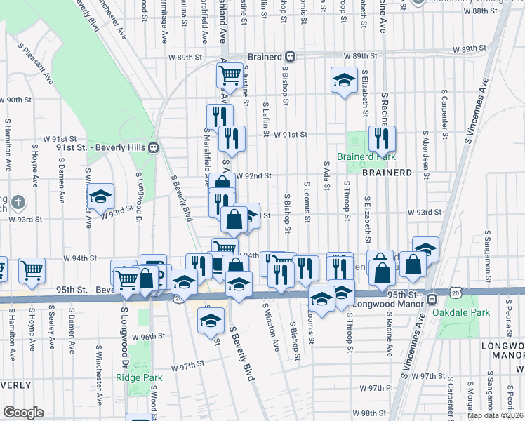 map of restaurants, bars, coffee shops, grocery stores, and more near 9241 South Laflin Street in Chicago