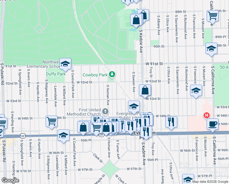 map of restaurants, bars, coffee shops, grocery stores, and more near 9221 South Homan Avenue in Evergreen Park