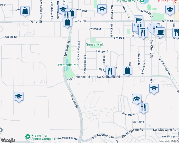 map of restaurants, bars, coffee shops, grocery stores, and more near 1314 Southwest Kenworthy Drive in Ankeny