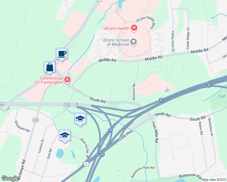 map of restaurants, bars, coffee shops, grocery stores, and more near 1 Farmington Meadow Drive in Farmington