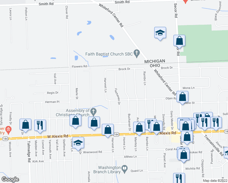map of restaurants, bars, coffee shops, grocery stores, and more near 6027 Fairhaven Drive in Toledo