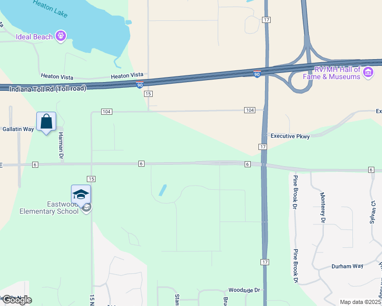 map of restaurants, bars, coffee shops, grocery stores, and more near 22315 County Road 6 West in Elkhart