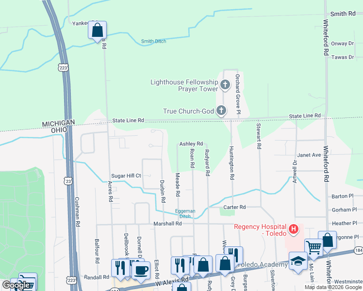 map of restaurants, bars, coffee shops, grocery stores, and more near 6070 Meade Road in Sylvania