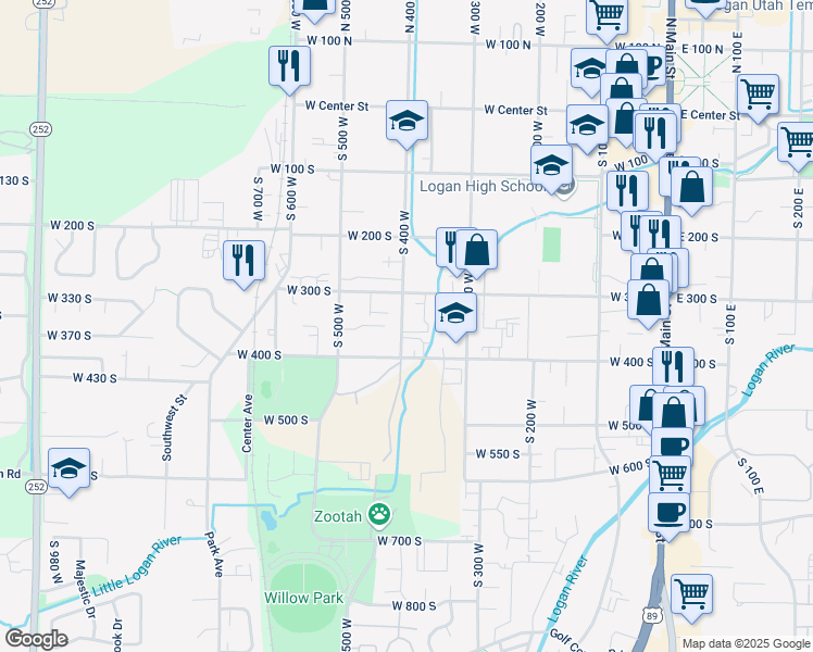 map of restaurants, bars, coffee shops, grocery stores, and more near 356 South 400 West in Logan