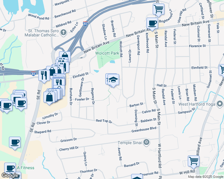 map of restaurants, bars, coffee shops, grocery stores, and more near 71 Wolcott Road in West Hartford