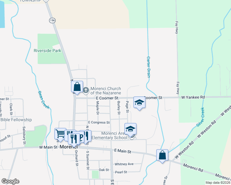 map of restaurants, bars, coffee shops, grocery stores, and more near 305 East Coomer Street in Morenci