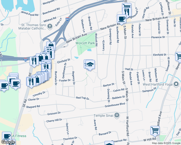 map of restaurants, bars, coffee shops, grocery stores, and more near 71 Wolcott Road in West Hartford