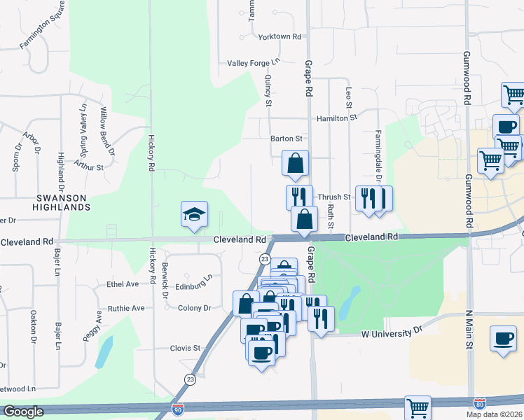 map of restaurants, bars, coffee shops, grocery stores, and more near 52700-52998 Timberland Dr in Granger