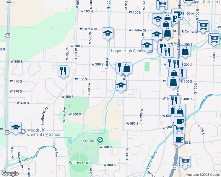 map of restaurants, bars, coffee shops, grocery stores, and more near 322 370 West in Logan
