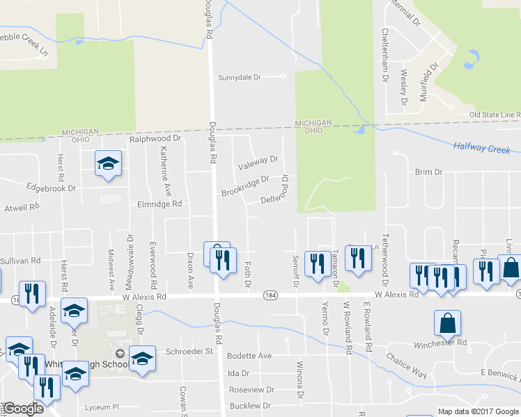 map of restaurants, bars, coffee shops, grocery stores, and more near 2337 Dellwood Drive in Toledo