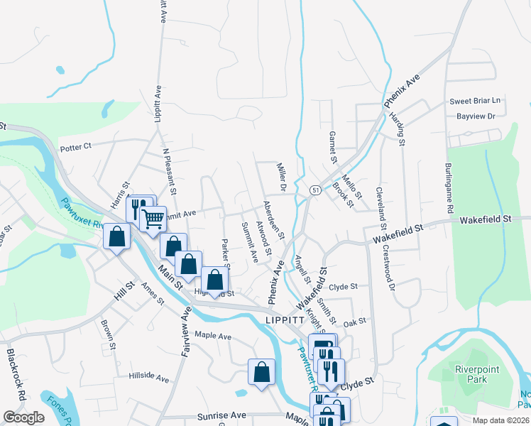 map of restaurants, bars, coffee shops, grocery stores, and more near 27 Aberdeen Street in West Warwick