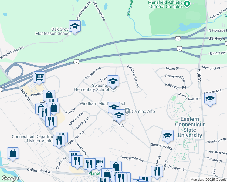 map of restaurants, bars, coffee shops, grocery stores, and more near 60 Oak Hill Drive in Windham