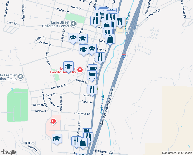 map of restaurants, bars, coffee shops, grocery stores, and more near 831 South Main Street in Yreka