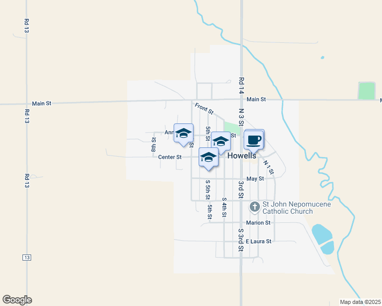 map of restaurants, bars, coffee shops, grocery stores, and more near 126 North 5th Street in Howells