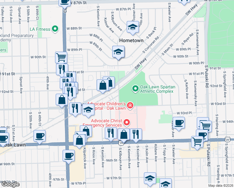 map of restaurants, bars, coffee shops, grocery stores, and more near 4500 Rumsey Avenue in Oak Lawn