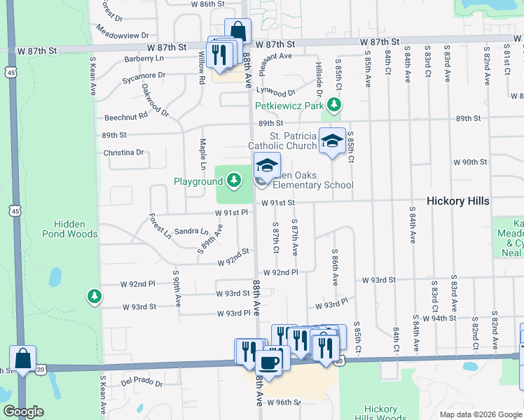 map of restaurants, bars, coffee shops, grocery stores, and more near 9105 South 88th Avenue in Hickory Hills