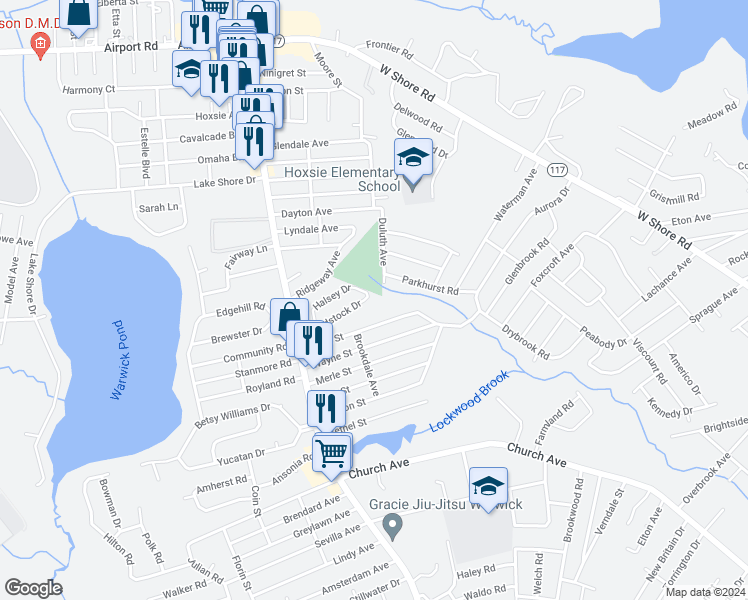 map of restaurants, bars, coffee shops, grocery stores, and more near 6 Woodstock Drive in Warwick