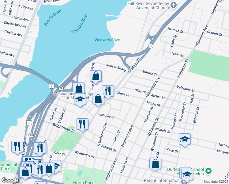 map of restaurants, bars, coffee shops, grocery stores, and more near 1928 North Main Street in Fall River