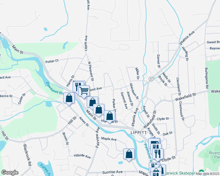 map of restaurants, bars, coffee shops, grocery stores, and more near 73 Summit Avenue in West Warwick