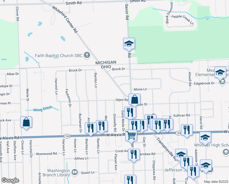 map of restaurants, bars, coffee shops, grocery stores, and more near 6049 Whiteford Center Road in Toledo