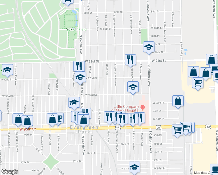map of restaurants, bars, coffee shops, grocery stores, and more near 9226 South Sacramento Avenue in Evergreen Park