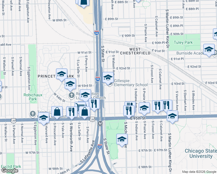 map of restaurants, bars, coffee shops, grocery stores, and more near 9301 South State Street in Chicago