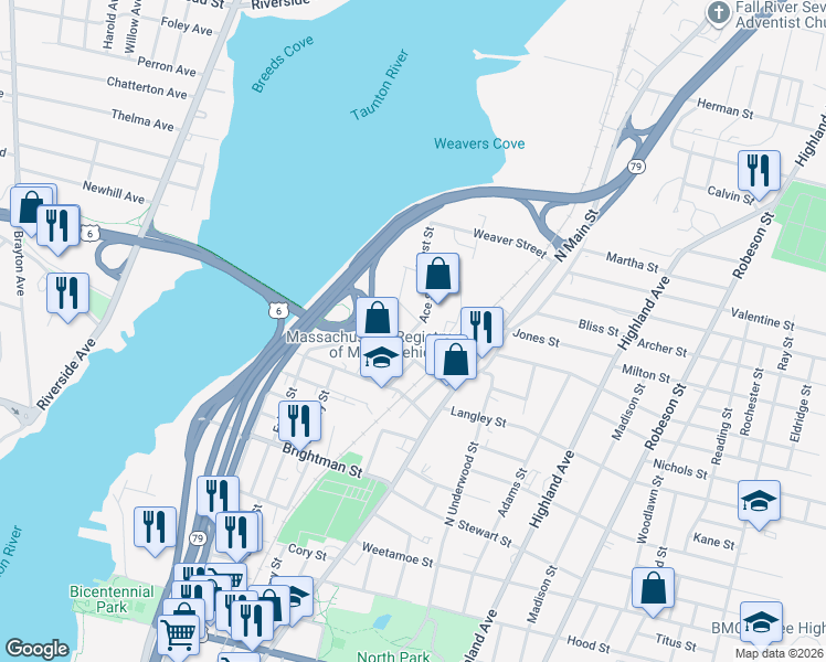map of restaurants, bars, coffee shops, grocery stores, and more near 114 Ace Street in Fall River