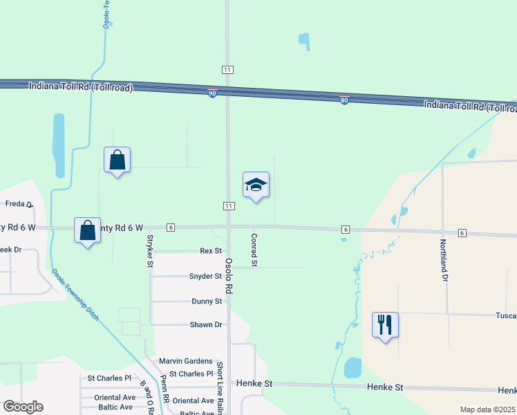map of restaurants, bars, coffee shops, grocery stores, and more near 24975 County Road 6 in Elkhart