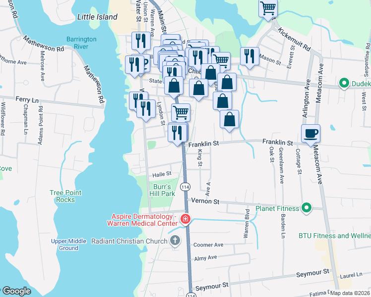 map of restaurants, bars, coffee shops, grocery stores, and more near 676 Main Street in Warren
