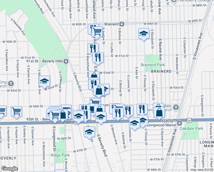 map of restaurants, bars, coffee shops, grocery stores, and more near 9237 South Justine Street in Chicago