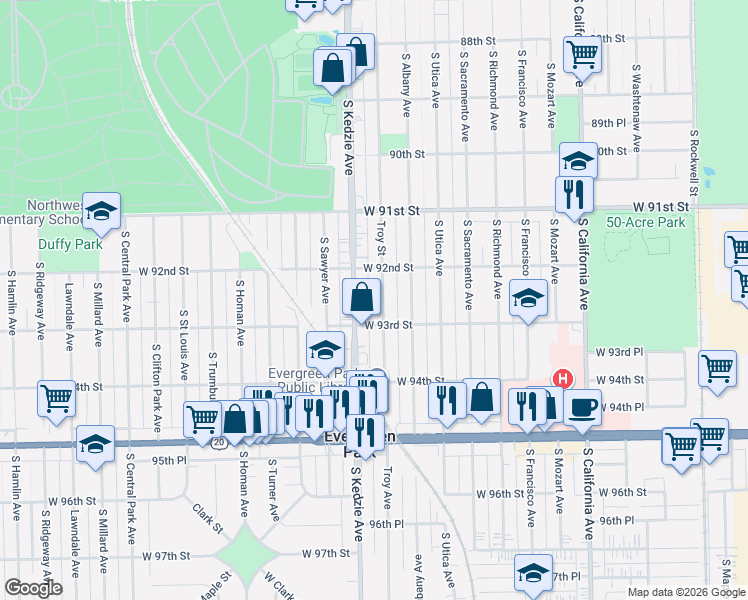 map of restaurants, bars, coffee shops, grocery stores, and more near in Chicago