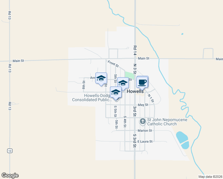 map of restaurants, bars, coffee shops, grocery stores, and more near 112-126 North 5th Street in Howells
