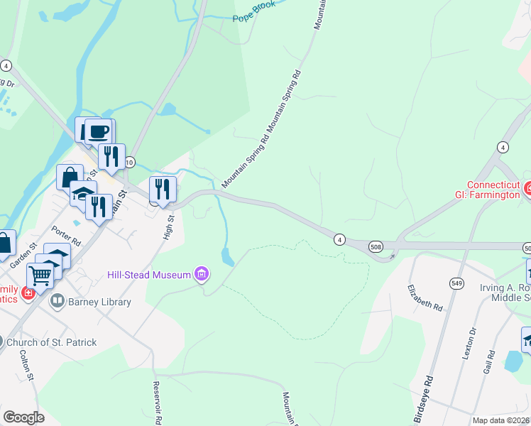 map of restaurants, bars, coffee shops, grocery stores, and more near 600 Farmington Avenue in Farmington
