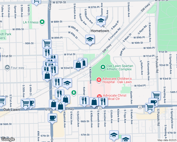 map of restaurants, bars, coffee shops, grocery stores, and more near 9200 South Kilbourn Avenue in Oak Lawn