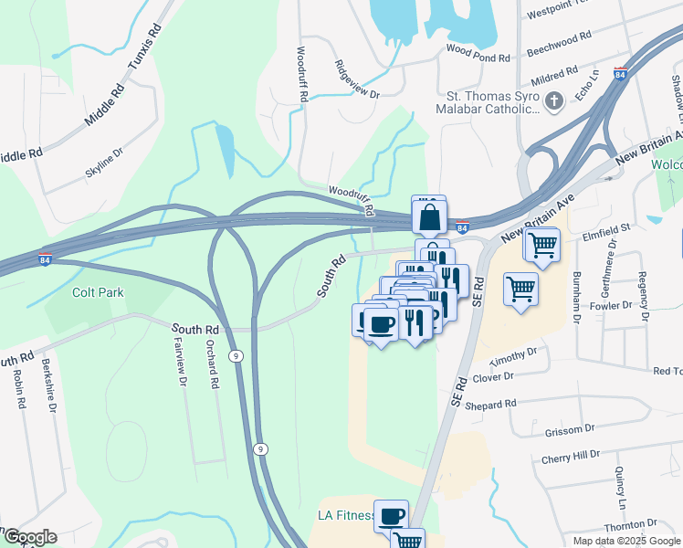 map of restaurants, bars, coffee shops, grocery stores, and more near 4 Romano Court in Farmington