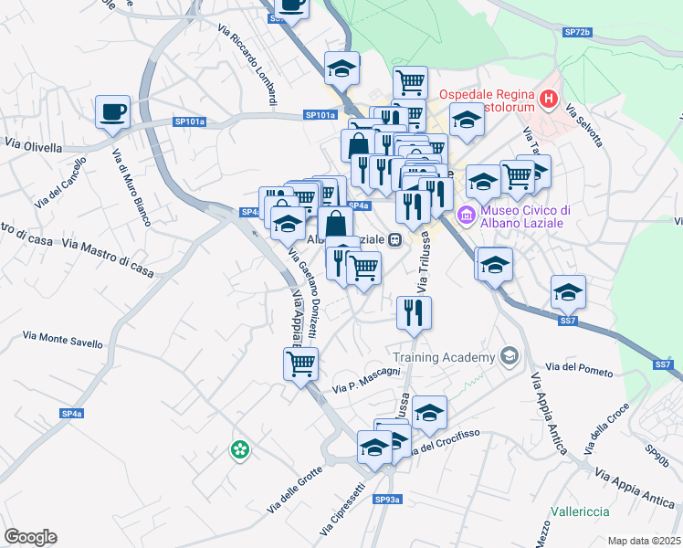 map of restaurants, bars, coffee shops, grocery stores, and more near 46 Via G. Rossini in Albano Laziale