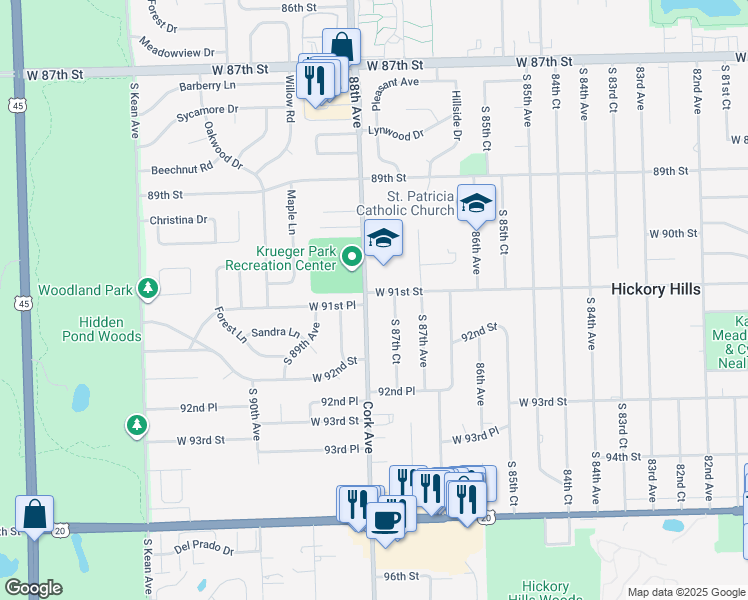 map of restaurants, bars, coffee shops, grocery stores, and more near 9105 South 88th Avenue in Hickory Hills